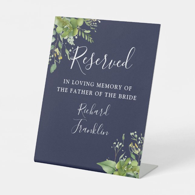 Greenery Navy Blue Memory Reserved For Wedding Pedestal Sign (Front)