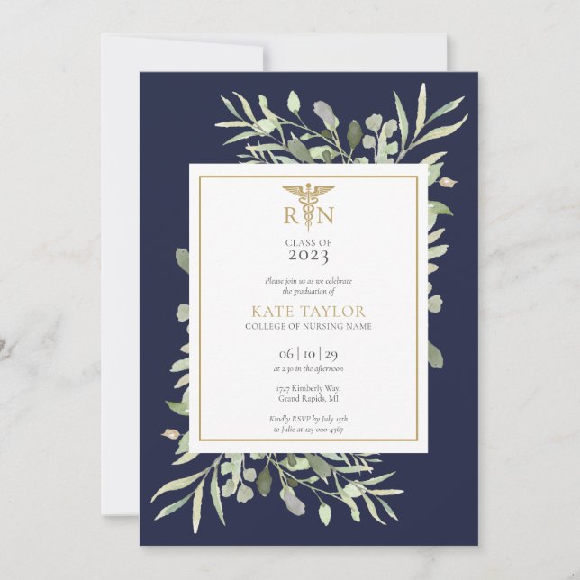 Greenery Navy Blue RN Nursing Graduation Photo Inv Invitation (Front)