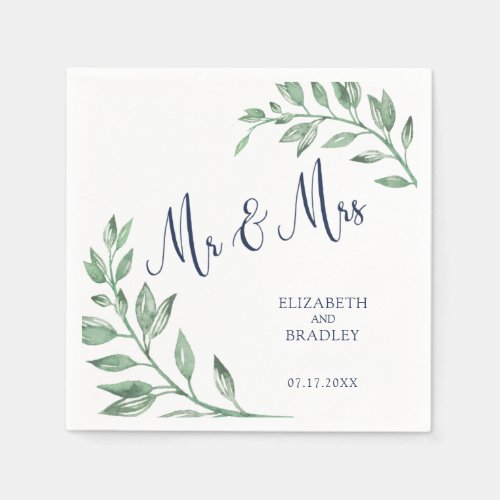 Greenery  Navy Blue Script Mr and Mrs  Wedding Napkins