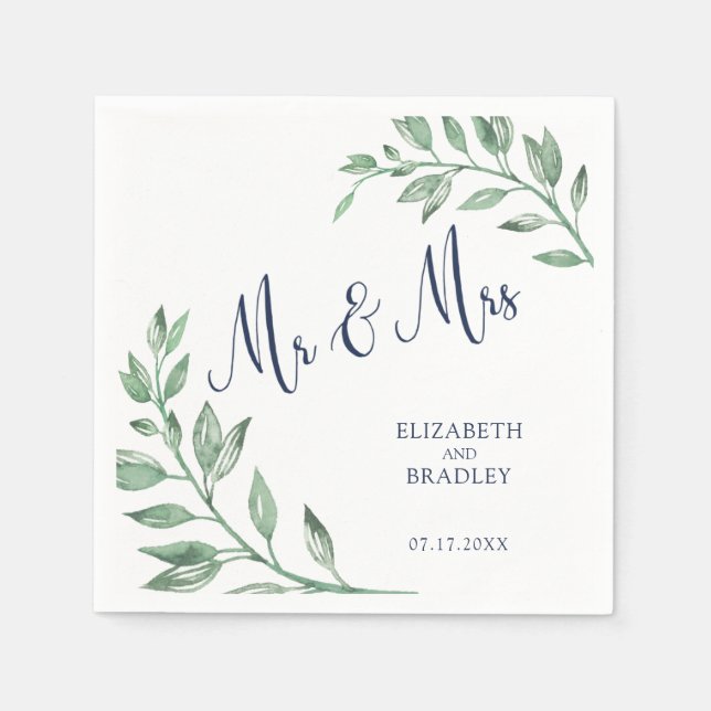 Greenery | Navy Blue Script Mr and Mrs | Wedding Napkins (Front)