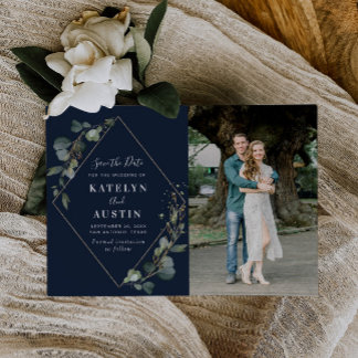 greenery navy blue wedding photo save the date