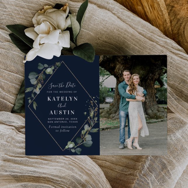 greenery navy blue wedding photo save the date (Creator Uploaded)