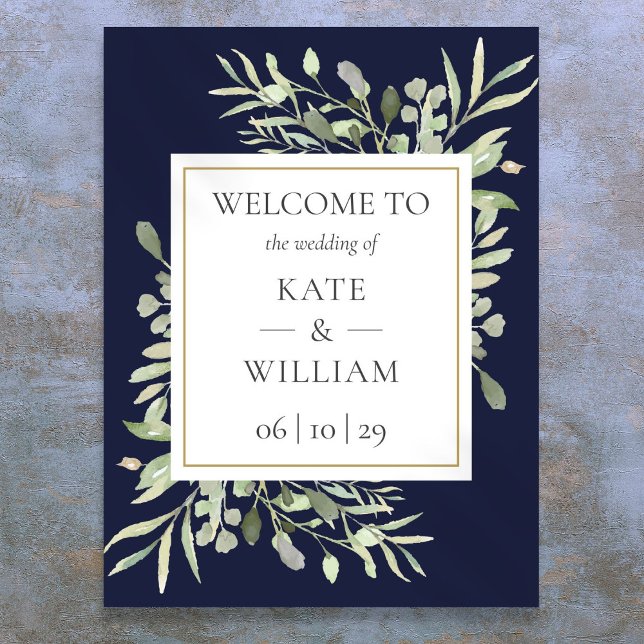 Greenery Navy Blue Wedding Welcome Sign (Greenery Navy Blue Wedding Welcome Sign)