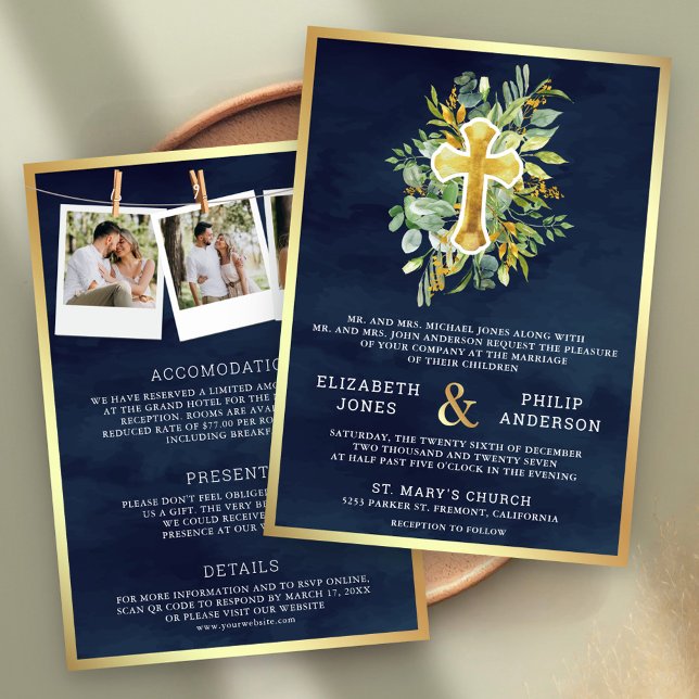 Greenery Navy Gold All in One Catholic Wedding Invitation (Creator Uploaded)