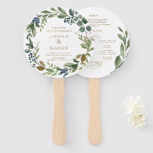 Greenery Navy Gold Round Wedding Program Fan