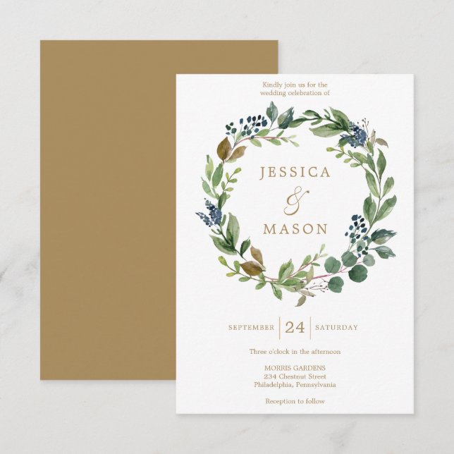Greenery Navy Gold Wedding Invitation Card (Front/Back)