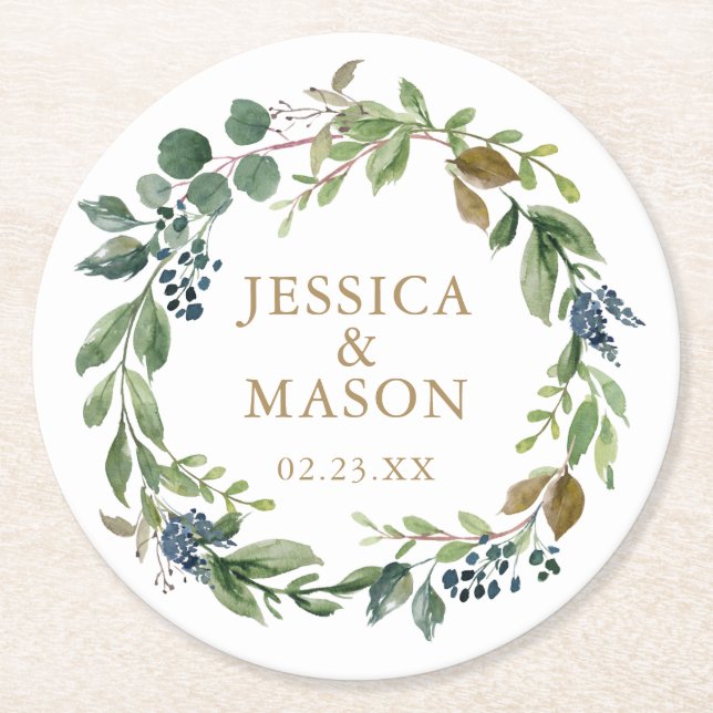 Greenery Navy Wedding Coasters (Front)