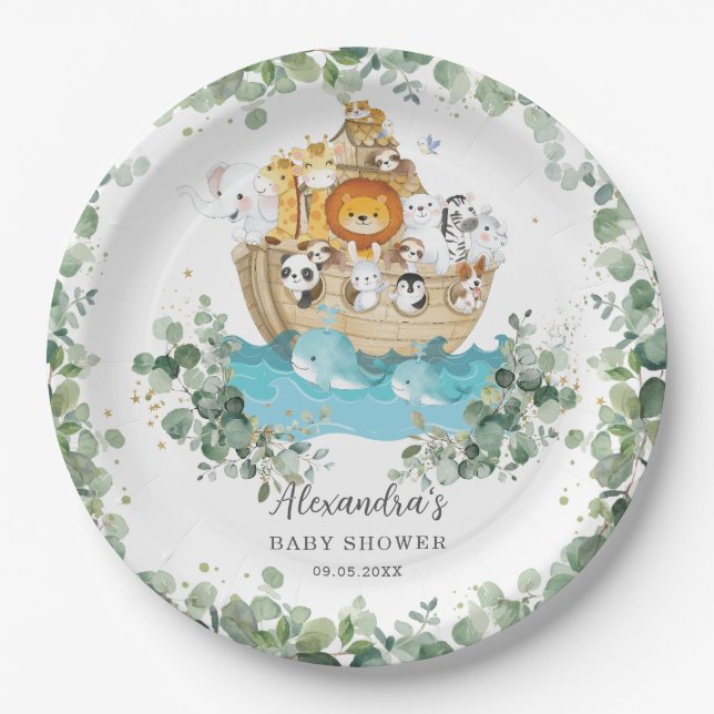 Greenery Noah's Ark Baby Shower Birthday Baptism Paper Plates (Front)