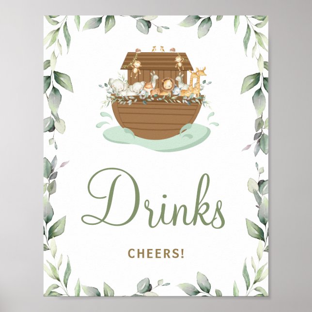 Greenery Noah's Ark Baby Shower Birthday Drinks Poster (Front)