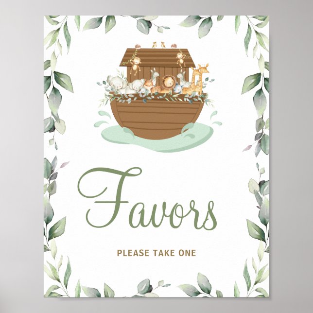 Greenery Noah's Ark Baby Shower Birthday Favors Poster (Front)