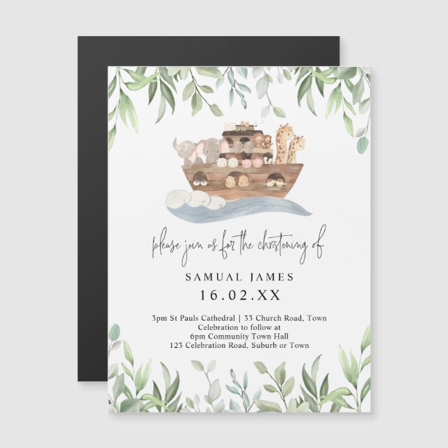 Greenery Noahs Ark Christening Magnetic Card (Front/Back)