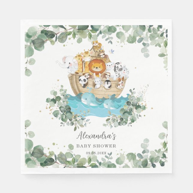 Greenery Noah's Ark Cute Animals Baby Birthday Napkins (Front)