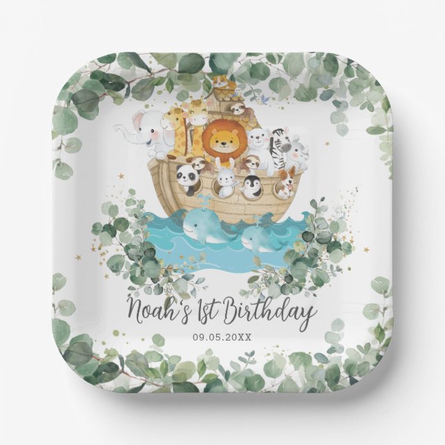 Greenery Noah's Ark Cute Animals Birthday Baptism Paper Plates (Front)