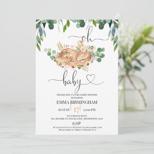 Greenery Oh Baby Deer Fawn Baby Shower Invitation