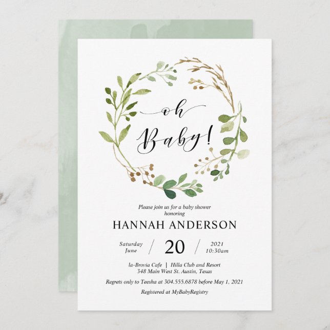 Greenery Oh Baby Shower Modern Script Invitation (Front/Back)