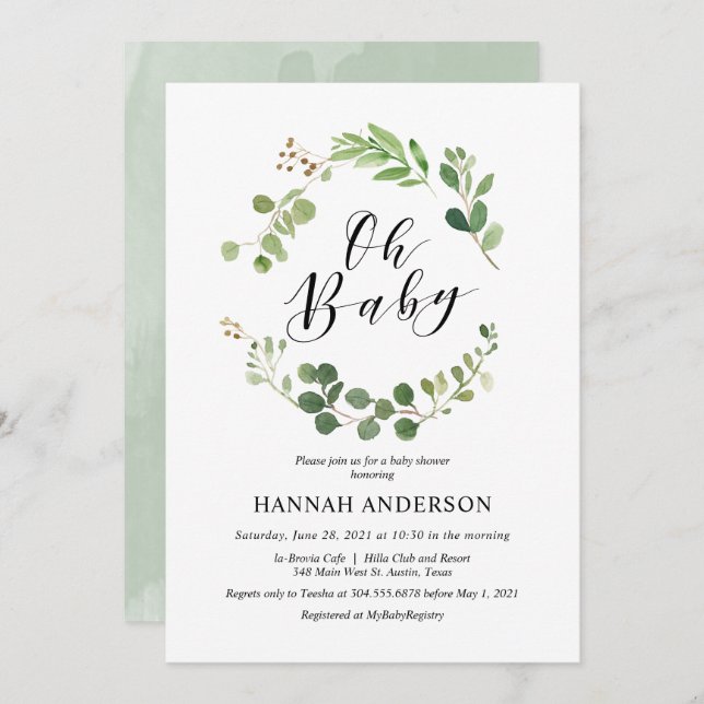 Greenery Oh Baby Shower Modern Script Invitation (Front/Back)