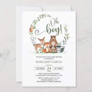 Greenery Oh Boy Woodland Animals Baby Shower Invitation