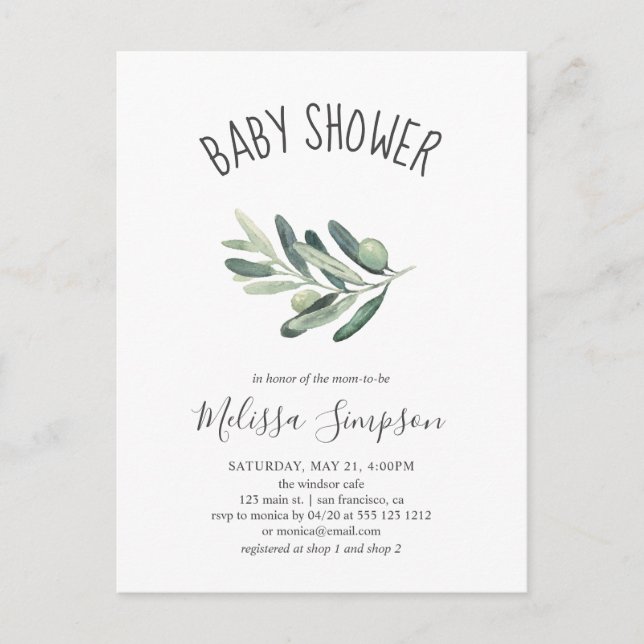 Greenery Olive Baby Shower Invitation Postcard (Front)