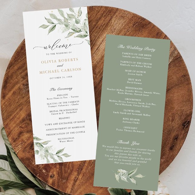 Greenery Olive Branch Baby's Breath Gold Wedding Program (Creator Uploaded)