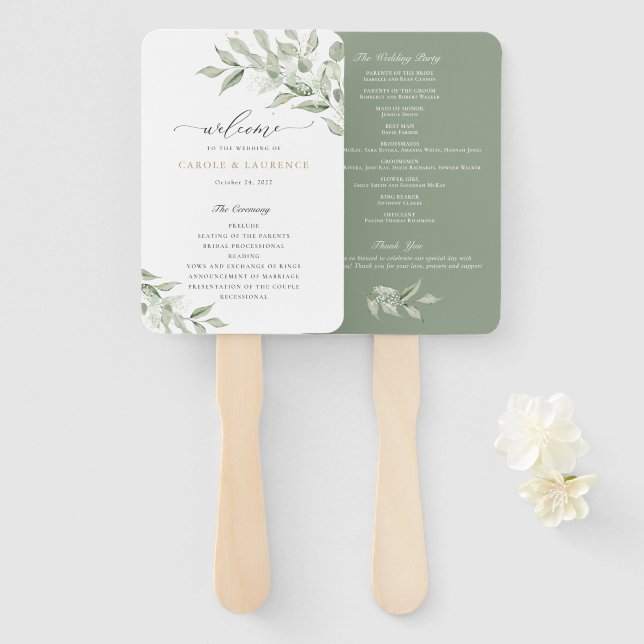 Greenery Olive Branch Babys Breath Wedding Program Hand Fan (Front and Back)