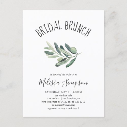 Greenery Olive Bridal Shower Brunch Invitation Postcard
