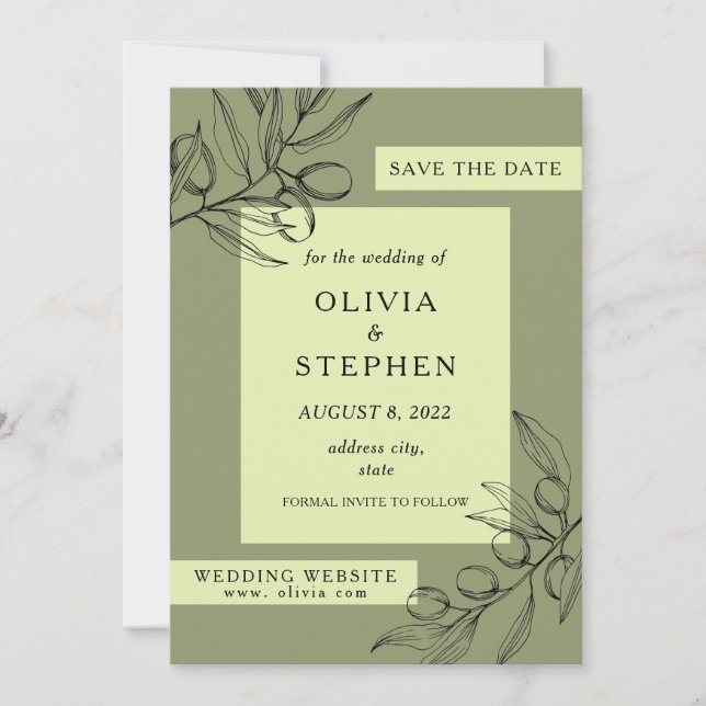 Greenery Olive. Foliage. Elegant botanical Wedding Save The Date (Front)