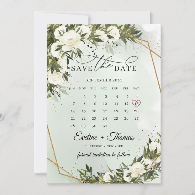 Greenery olive foliage white roses month calendar save the date (Front)