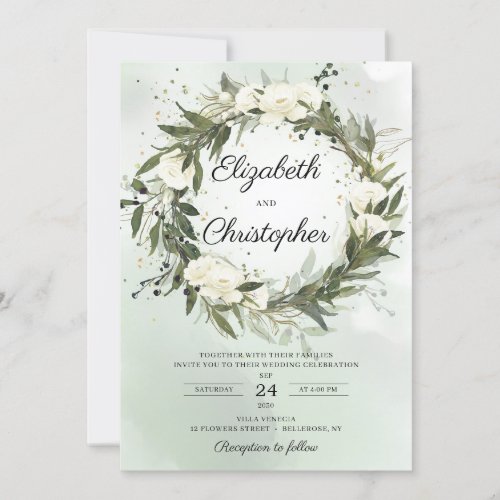 Greenery Olive Foliage Wreath White Roses Wedding Invitation