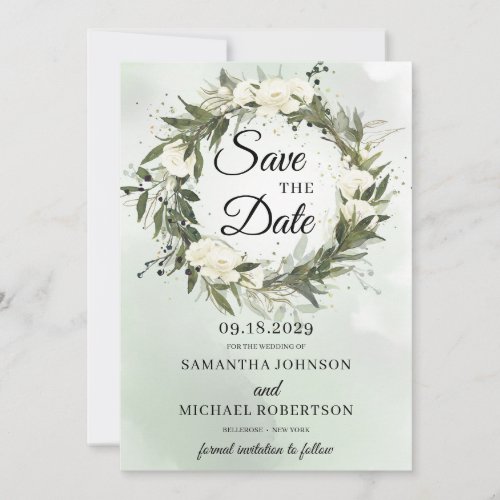 Greenery olive greenery foliage wreath white roses save the date