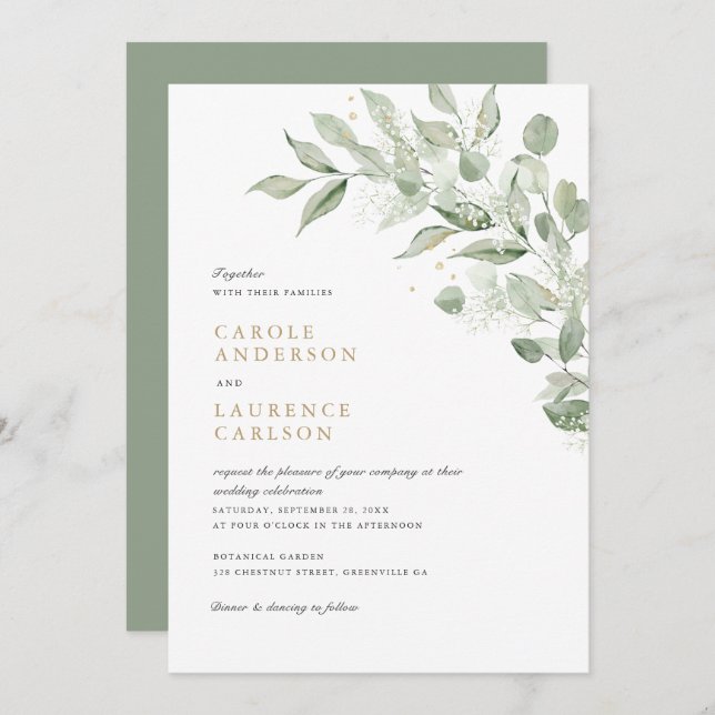 Greenery Olive Leave Branch Baby's Breath Wedding Invitation (Front/Back)