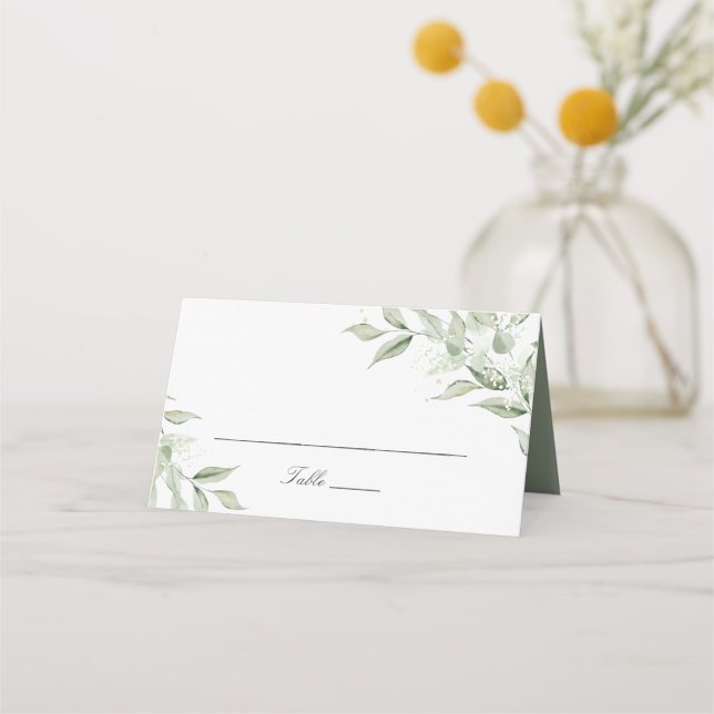 Greenery Olive Leave Branch Baby's Breath Wedding Place Card (Front)