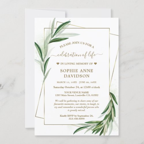 Greenery Olive Leaves Golden Funeral Memorial Invitation