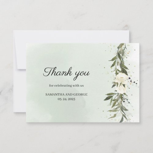 Greenery Olive Wreath White Roses Wedding Thank You Card