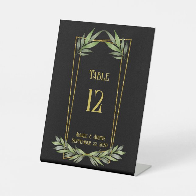 Greenery On a Gold Frame Wedding Tabletop Pedestal Sign (Front)