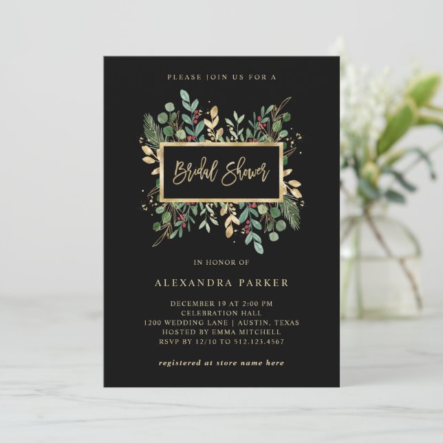Greenery on Black | Christmas Bridal Shower Invitation (Standing Front)