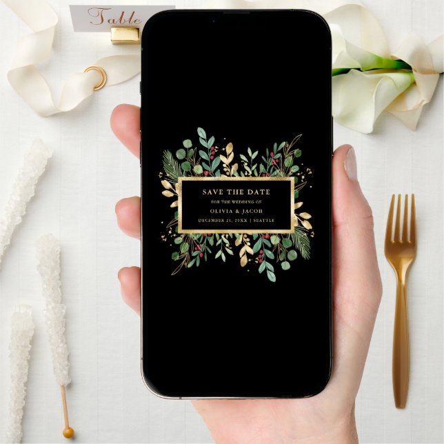 Greenery on Black | Christmas Holiday Photo Save The Date (Front Digital)