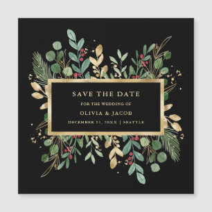 Greenery on Black Christmas Save the Date Magnetic Invitation