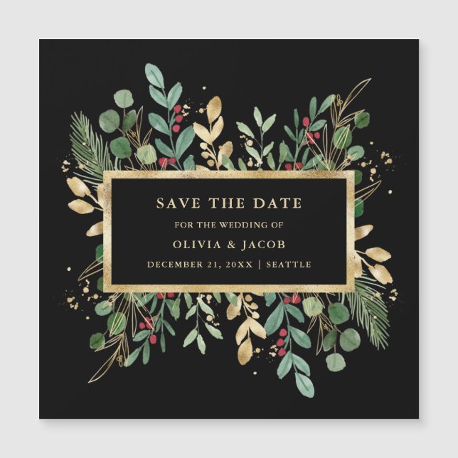 Greenery on Black | Christmas Save the Date Magnetic Invitation (Front)