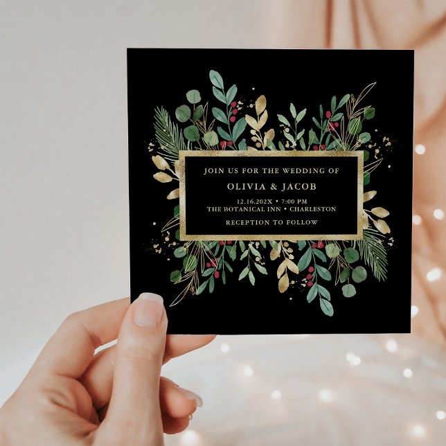 Greenery on Black | Christmas Wedding Invitation (Creator Uploaded)