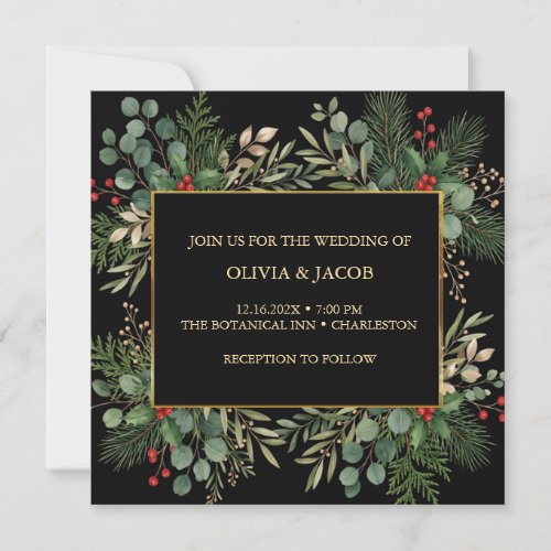 Greenery on Black Christmas Wedding Invitation