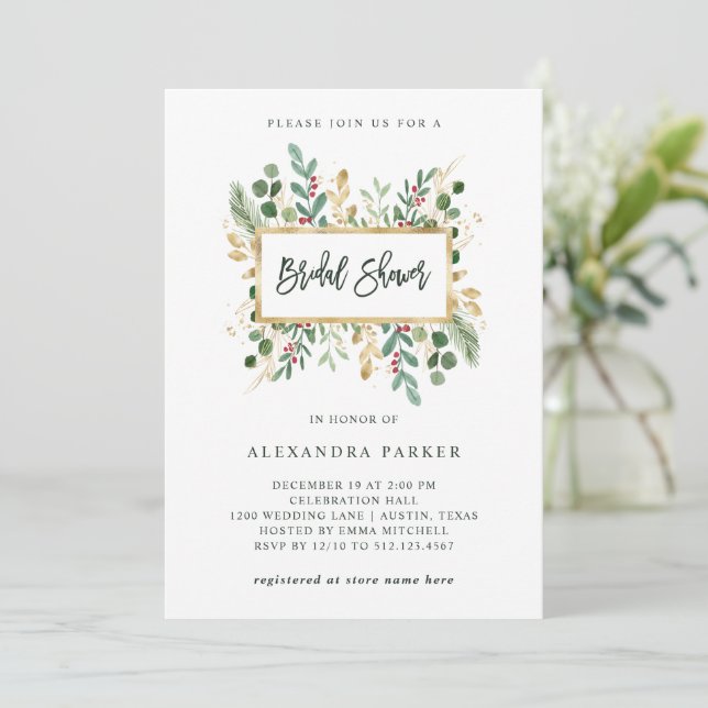 Greenery on White | Christmas Bridal Shower Invitation (Standing Front)