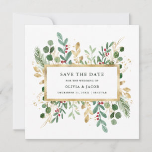 Greenery on White Christmas Holiday Photo Save The Date