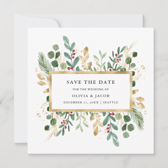 Greenery on White | Christmas Holiday Photo Save The Date (Front)