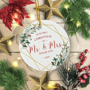 Greenery Our First Christmas as Mr & Mrs Ceramic Ornament