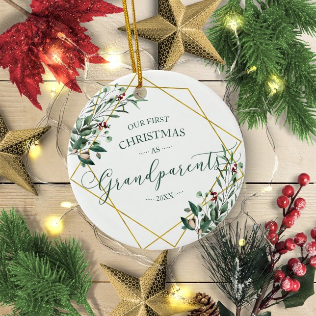 Greenery Our First Christmas Grandparents 2020 Ceramic Ornament (Creator Uploaded)