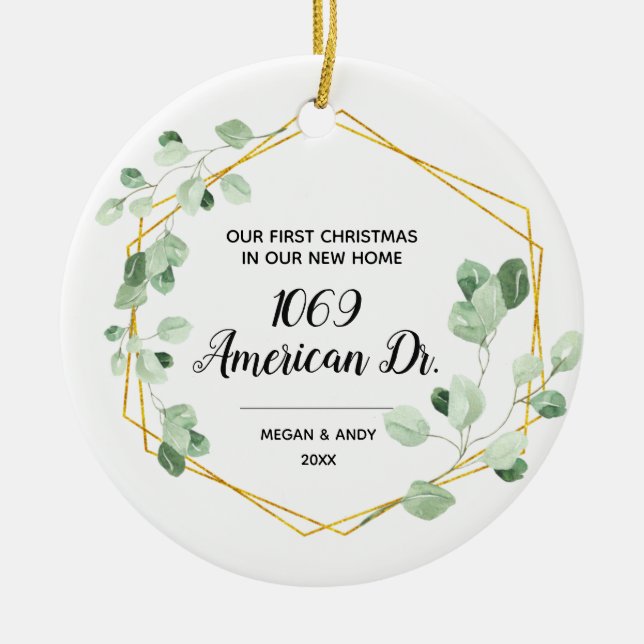 Greenery Our First Christmas in our new home Ceramic Ornament (Front)