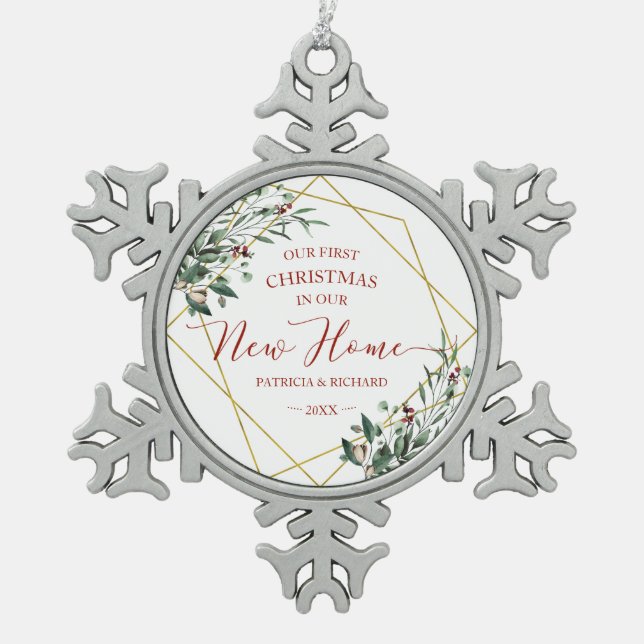 Greenery Our First Christmas In Our New Home Snowflake Pewter Christmas Ornament (Front)