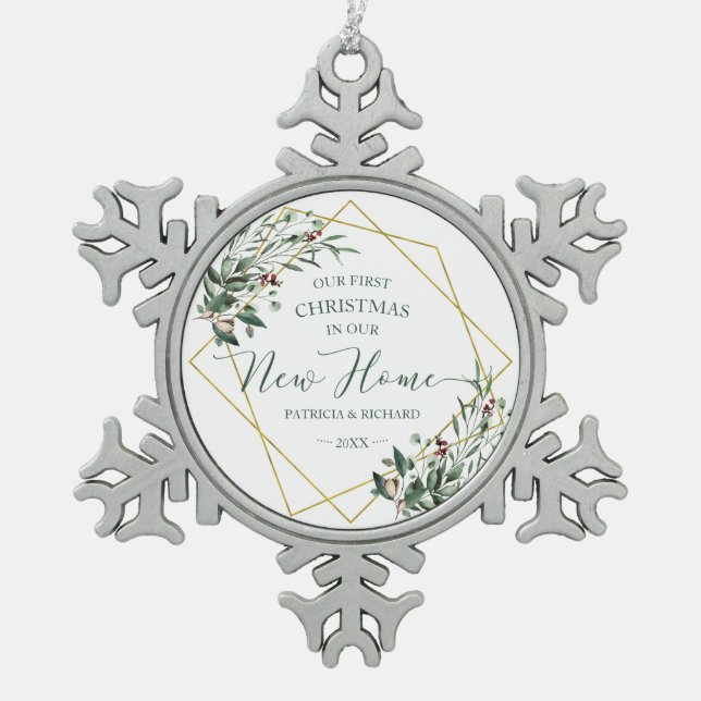 Greenery Our First Christmas In Our New Home Snowflake Pewter Christmas Ornament (Front)