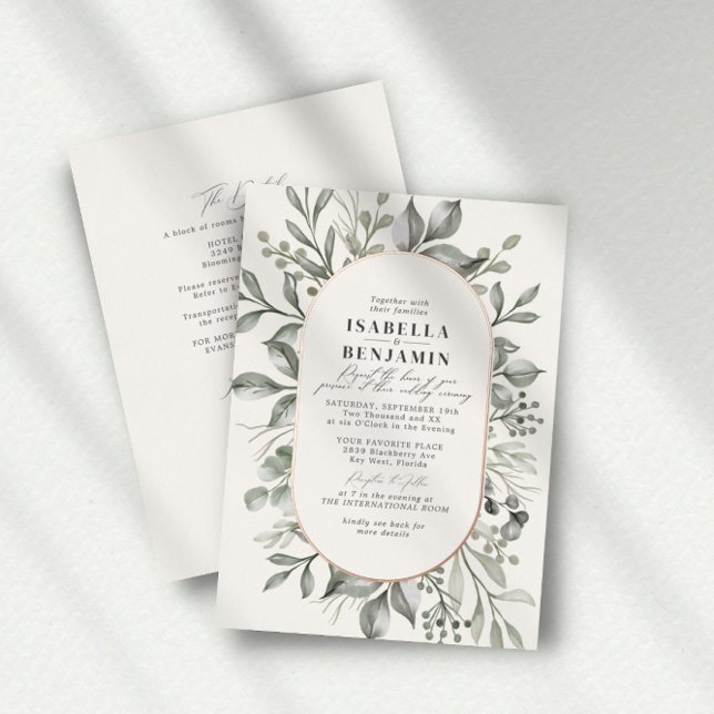 Greenery Oval Ivory RSVP QR Code Wedding Rose Gold Foil Invitation (Creator Uploaded)