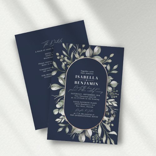 Greenery Oval Navy RSVP QR Code Wedding Rose Gold Foil Invitation